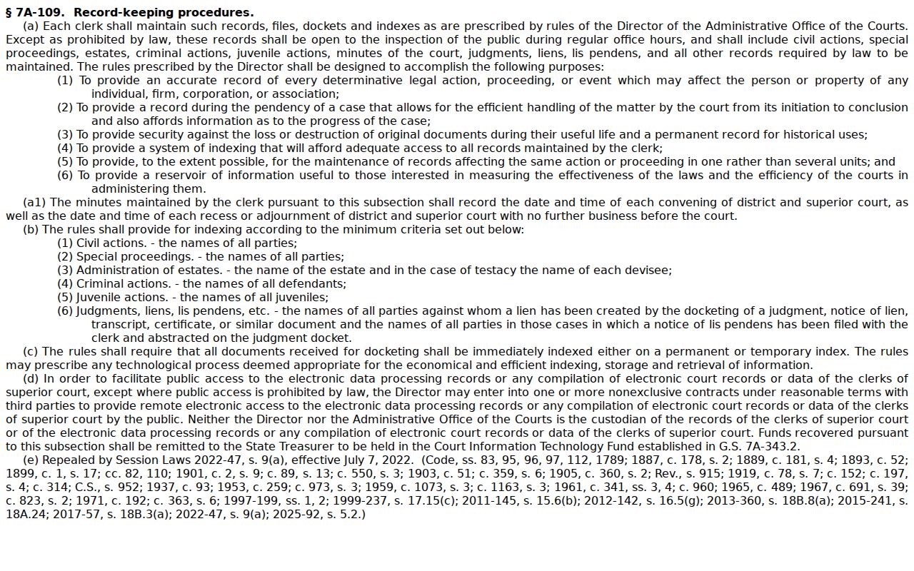 North Carolina court records inspection statute