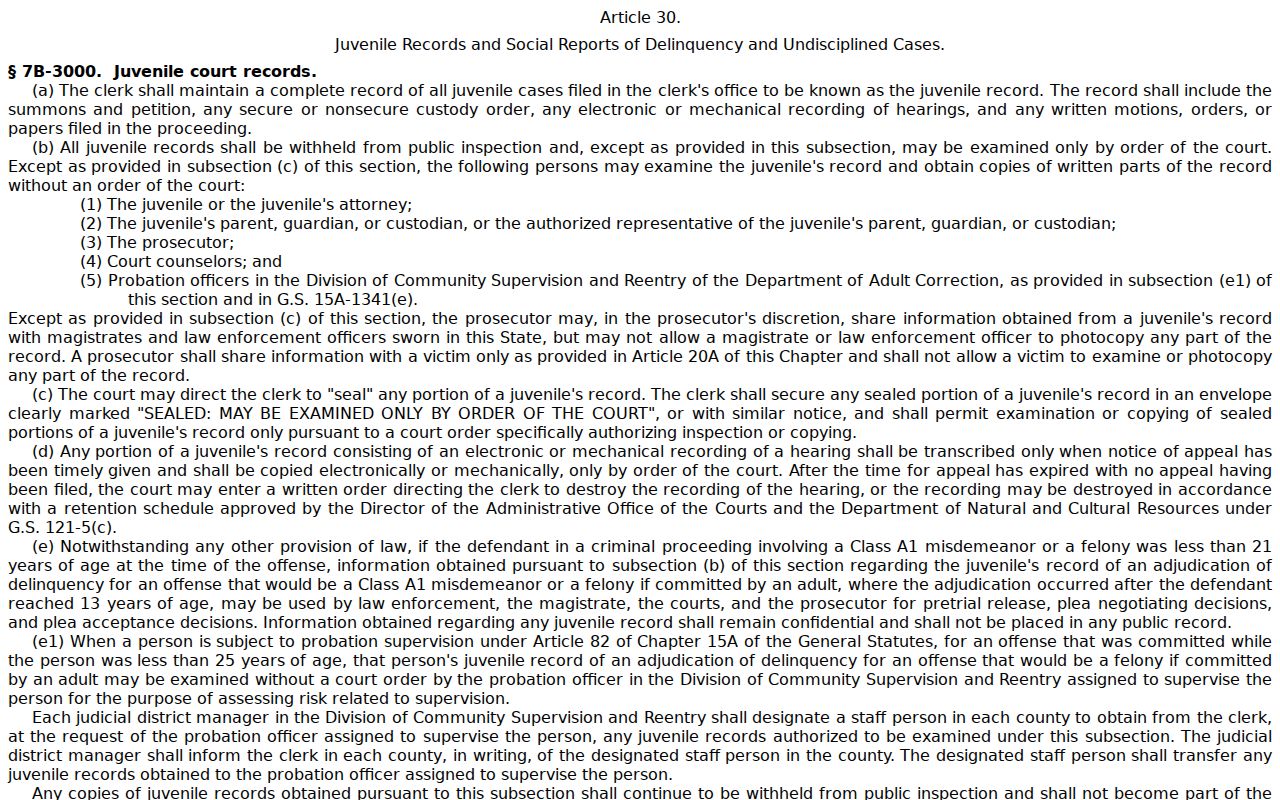 North Carolina criminal court records juvenile confidentiality law
