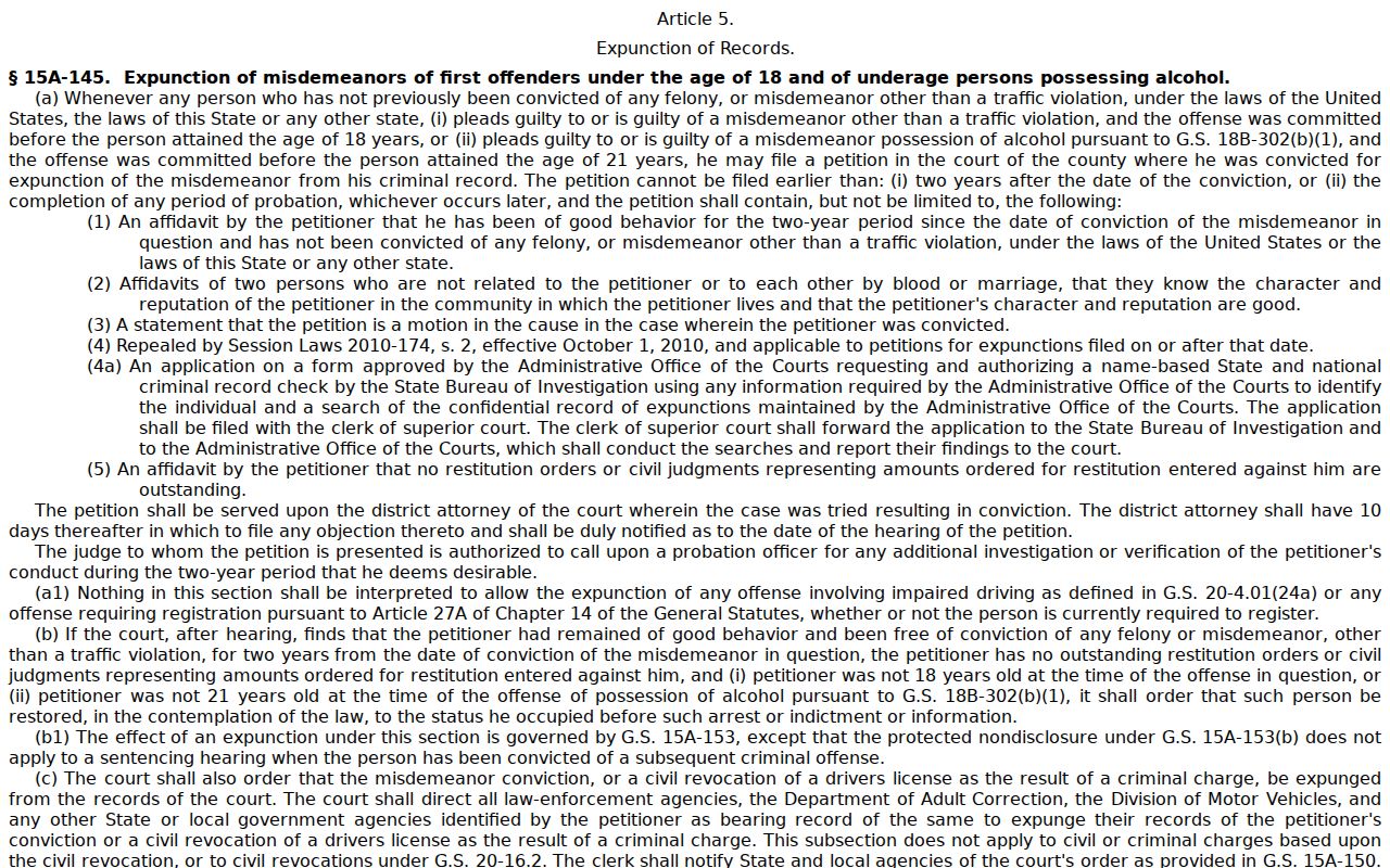 North Carolina criminal court records expunction statutes