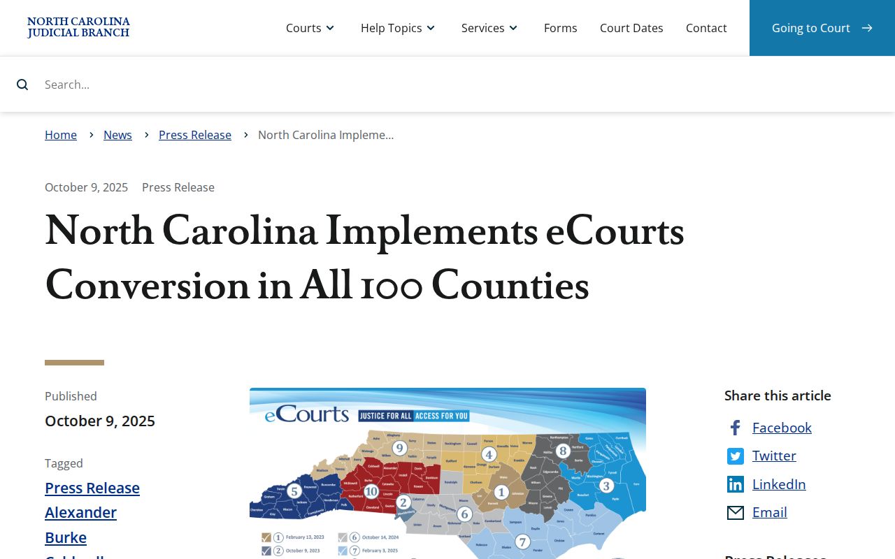North Carolina court records statewide eCourts completion announcement
