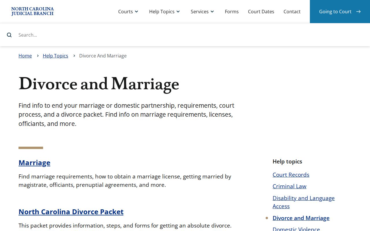 North Carolina marriage and divorce court records help